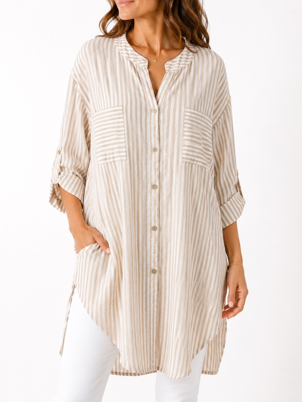 Striped Button-Front Tunic Top - Beige/White